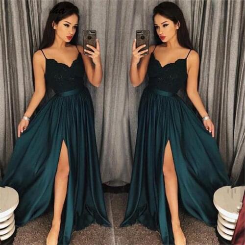 NUOXIFANG Fashion Long Evening Gowns 2020 Spaghetti Straps V-Neckline Sleeveless Lace Bodice Prom Dresses With Split