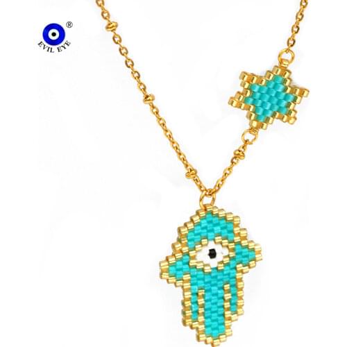 EVIL EYE Star Miyuki Hamsa Hand Necklace Gold Color Chain Stainless Steel Pendant Necklace Jewelry Gifts for Women Female EY6430