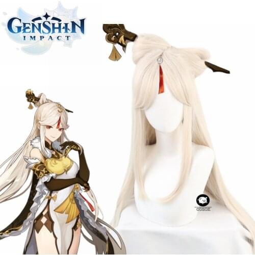 Game Genshin Impact Ningguang Cosplay Wig Long Straight Beige Wigs with Bow Heat Resistant Synthetic Hair Halloween