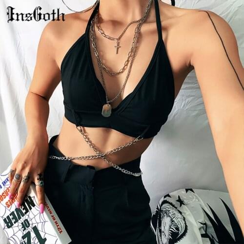 InsGoth Sexy Black Halter Camis Female Summer Streetwear Bodycon Sleeveless Backless Chain Patchwork Camisoles Tank Tops Female