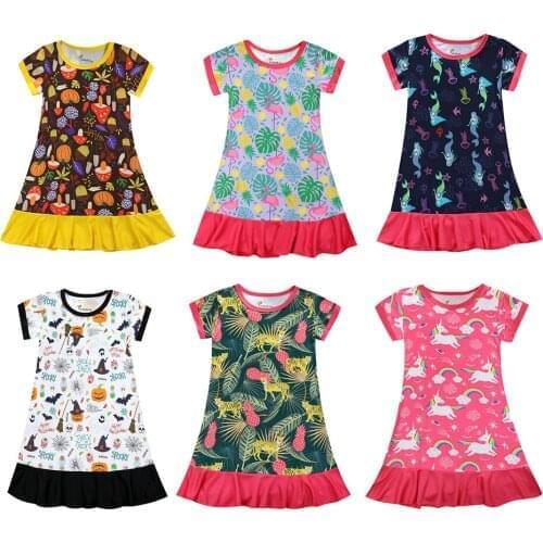 Girls Unicorn Printing Dresses 2021 Summer Casual Dress Girls Short Sleeve Sleepwear Toddler Childrens Party Clothes Age 3-10Y