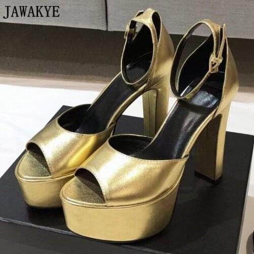 Super High Heel Platform Sandals Women Real Leather Ankle Strap Chunky Heel Gladiator Sandals Peep Toe Party Banquet Shoes Woman