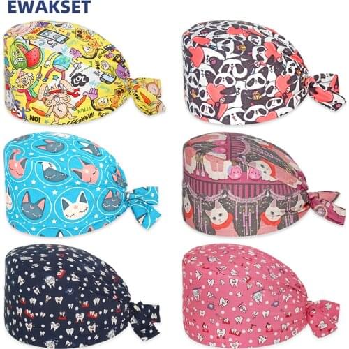 Pure Cotton Scrub Caps Adjustable Beauty Shop Dental Clinic Nursing Caps Anime Printing Nurse Working Scrubs Hats for Women Men