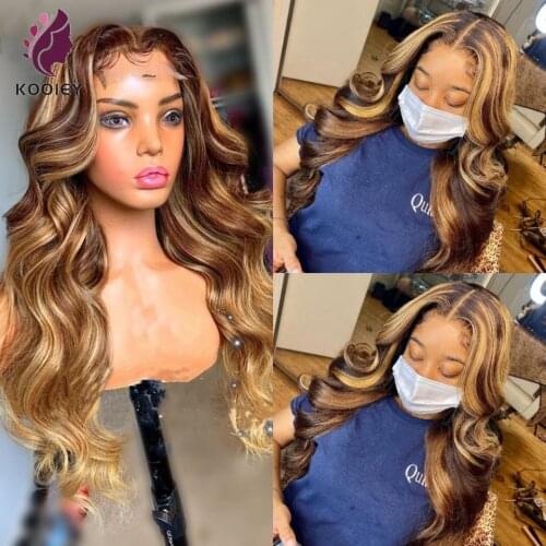 Wavy Brown Blonde Ombre Colored Highlight 180% Lace Front Human Hair Wigs Remy Brazilian PrePlucked Body Wave T Lace Front Wigs