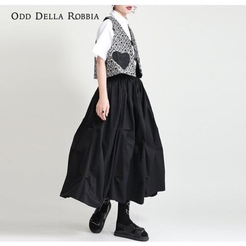 OddDellaRobbia Summer Japanese Fashion Loose Solid Color Pleated Skirt High Waist Elastic A-Line Skirt Streetwear Women 2080