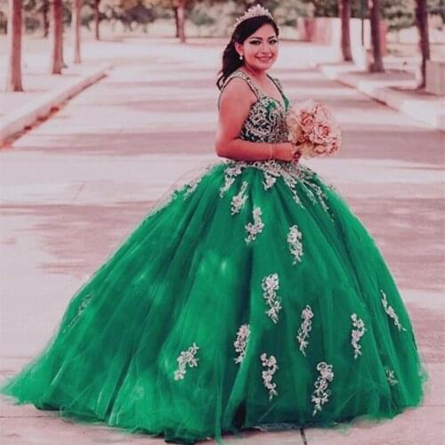 Green Quinceanera Dresses With Appliques 2021 Puffy Tulle Ball Gown Spaghetti Sweet 16 Dress Pageant Vestidos De 15 Anos