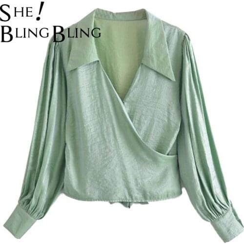 SheBlingBling Za Woman 2021 Fashion With Bandage Bow Solid Cropped Blouse V-neck Long Sleeves Vintage Female Shirts Chic Tops