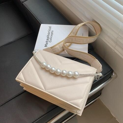 High Quality Womens Small Pu Leather Handbag Pearl Chain Designer Shoulder Bag Ladies Solid Color Messenger Bag Casual Handbags