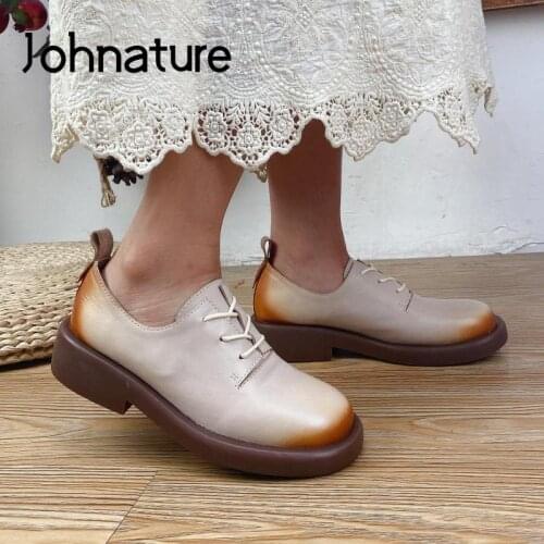 Johnature Pumps Women Shoes Genuine Leather Round Toe Retro Lace-Up 2021 New Autumn Sewing Handmade Comfortable Ladies Shoes