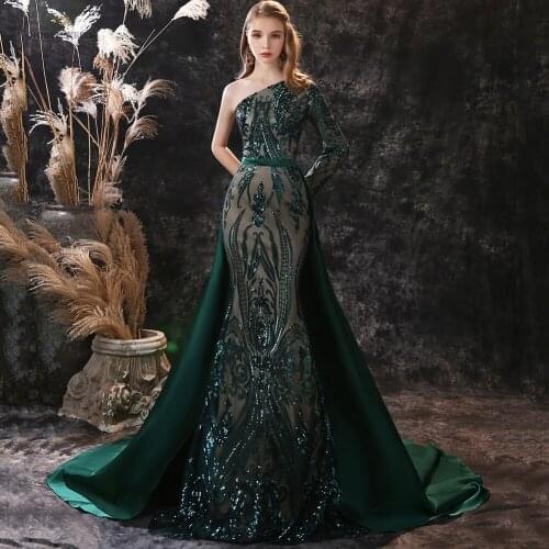 Mermaid Evening Dresses One Shoulder Sequined Women Formal Long Elegant Prom Gowns with Satin Court Train