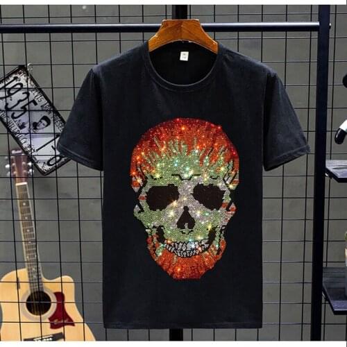 2021 Tops Mens T-Shirt Broadcloth Summer Tees Hip-Hop O-Neck Rhinestone Skull Cotton New Short-Sleeved Shopping Plus Size 5 XL