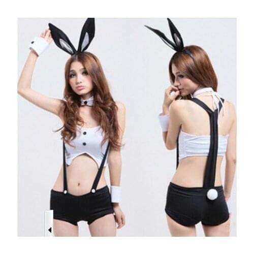 Free Shipping Sexy Adult Women Exotic Uniform Rabbit Ear Headwear White Tops Black Suspenders Shorts Fantasia Wench Maid Cosplay