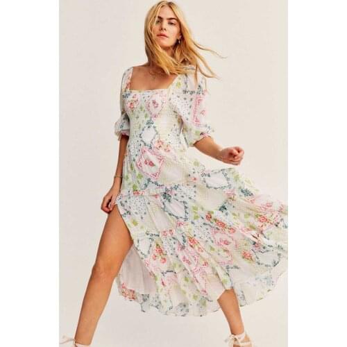 BOHO INSPIRED mixed floral smocked bodice summer dress ruffle details midi women dress new elegant ladies dress party holiday
