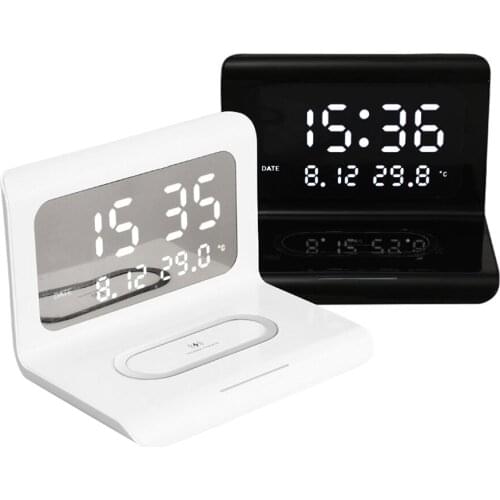 3 in 1 Alarm Clock Wireless Charger Stand Digital Thermometer with Temperature Calendar Time Display for Android/ iOS Phones