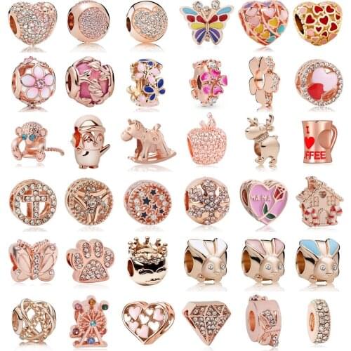 2021 Rose Gold Flower Butterfly Christmas Coffee Dog Paw Beads Fit Original Pandora Charms Bracelet DIY Women Jewelry Gifts
