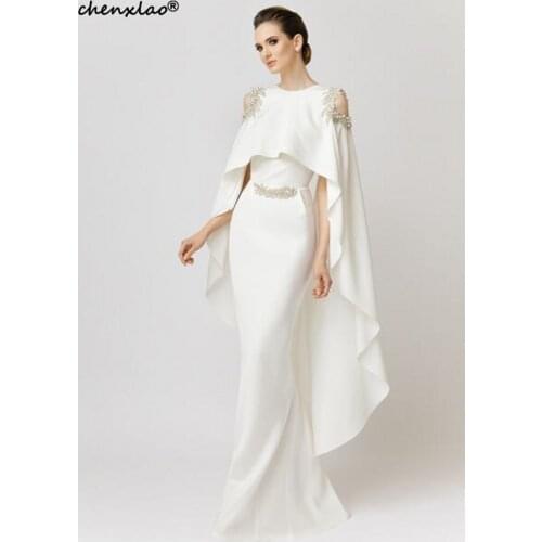 Elegant Formal Dress White Evening Dresses With Shawl Satin Beaded Saudi Arabic Mermaid Evening Gown Long abendkleider