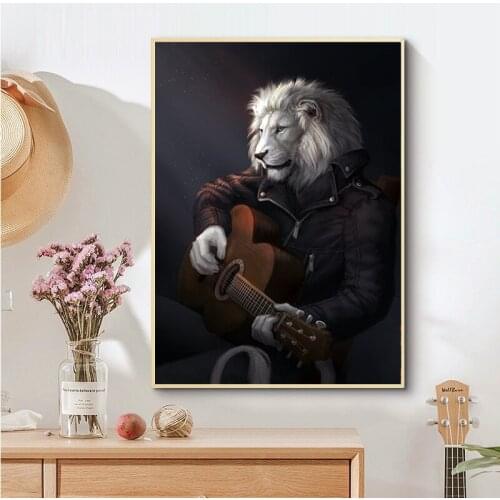 Canvas Painting Abstract Wall Art HD Play guitar lion poster Living Room Home Decor Nordic Anime Print Decorative Paintings