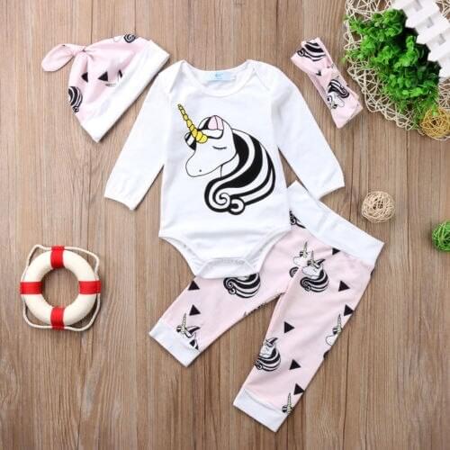 Imcute 4PCS Infant Baby Girls Unicorn Cotton Romper Tops Jumpsuit Pants Outfits Set
