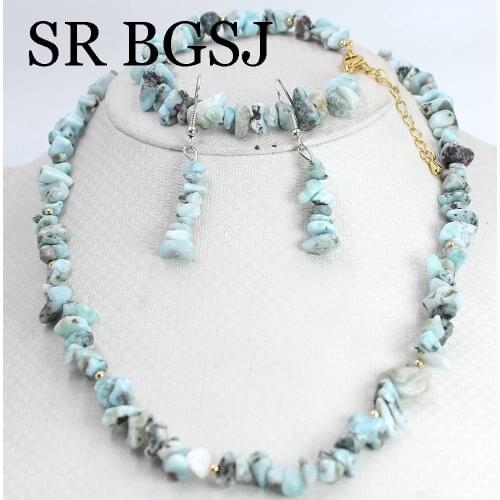 Free Shipping 6-8mm Larimar Natural Gems Stone Women Lady Chockers Necklace Bracelet Earrings Jewelry Set 17.5" 7-8"