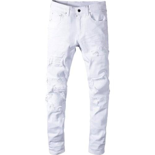 2021 Mens white stretch ripped biker jeans Slim skinny pleated patchwork denim pants