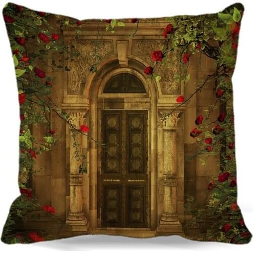 The old door is full of roses of soft Cushion Cover Cotton Polyester Throw Pillow Cover for Sofa Bed car home Decora