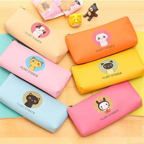 Newest Creative Happy Cats Family Pu Leather Waterproof Pencil Case Stationery Storage Bag School Office Supply