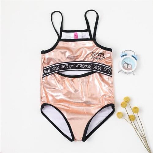 2020 New Style Girls' Shiny One Piece Swimsuit Swimwear Letter Print One Piece Bathing Suit Kids Swim Wear Cut Out Swimsuit