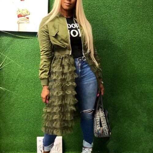 Wholesales Solid Color Women\s Long Sleeve Zippered Ruffled Mesh Patchwork Jacket Coat