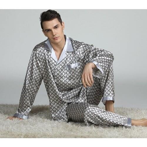 Mens Printed Silk Satin Pajamas set Summer Long Sleeves pyjamas Men Sleepwear Home Service