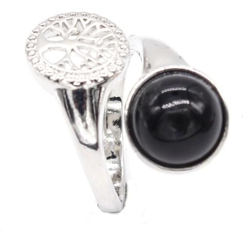 KFT Silver Plated Tree of Life Resizable Finger Ring Natural Black Agates Stone Finger Rings Fashion Jewelry