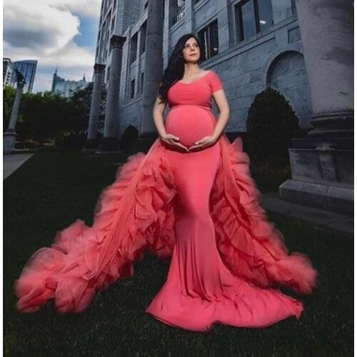 Bridal Mermaid Maternity Dresses With Ruffled Tulle Train Women Photography Maternity Dressing Gown Prom Party Dress