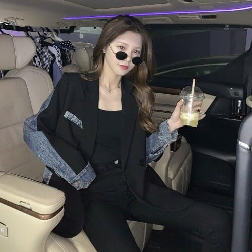 Spring and autumn new retro denim stitching design sense net red small suit women loose mid-length temperament suit jacket