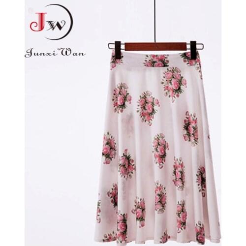 Women Midi Skirt 2021 Spring Summer Ladies Floral Print Chiffon High Waist Elegant Chic Casual Faldas Saias Plus Size