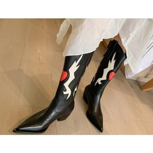Women Black Heart Patchwork Pointed Toe Mid-calf Boots Female 5 CM Chunky Heels Slip On Retro Cowboy Embroidery Knight Botas