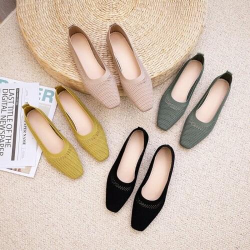 2021Spring Summer Moccasin Shoes Casual Slip On Hollow Flats Women Knitting Fabric Sneakers With Heel