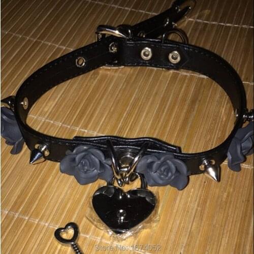 Handmade Fashion Harajuku Punk Hook Lock Key Choker Big Rose Flower Buckle Fetish Leather Collar Necklace