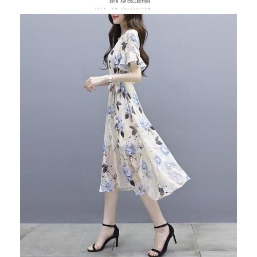 Elegant Chiffon Floral Print Waist Thin Short Sleeve V-neck Fashion Summer Holiday Dresses Women Vestidos Party Plus Size 3646