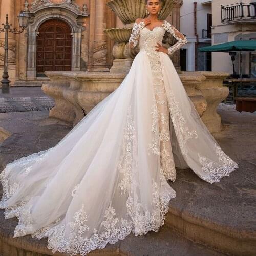 Sexy Mermaid Wedding Dress Detachable Train 2020 Newest Off Shoulder Lace Long Sleeve Button Back Bridal Wedding Gown for Bride