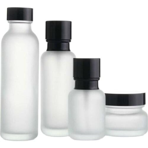50G Cosmetic Cream Jars 50ml 110ml Empty Frosted Glass Lotion Pump Toner Packaging Bottle Black Lid Refillable Vials 8pieces