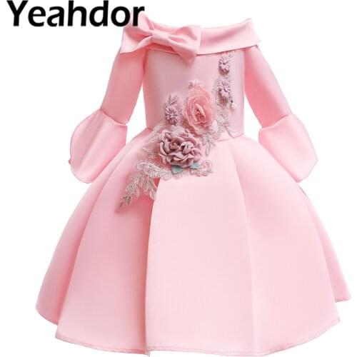 Princess Girl Party Dresses Embroidery Pleated Satin Flower Girls Dress Birthday Wedding Children Kids Dresses Filles Robes