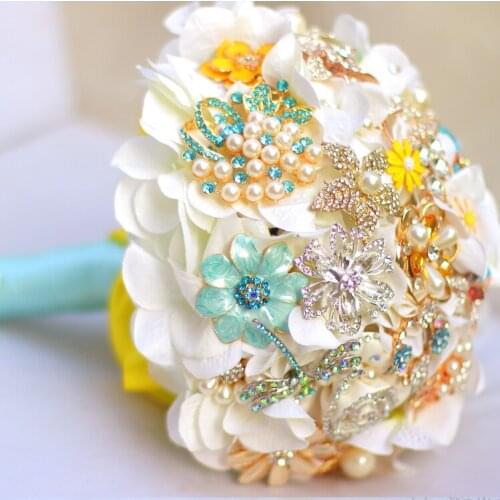 White hydrangea Bridal brooch bouquet crystal Pearl Jewelry Wedding Bouquet custom made Blue & Yellow Bride 's bouquets