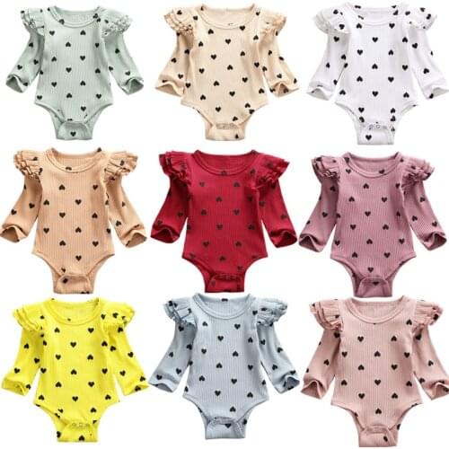 0-24M Newborn Toddler Baby Boy Girl Bodysuits Heart Print Long Sleeve Ruffles Cotton Jumpsuit Outfits Sunsuit