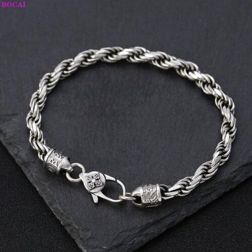 BOCAI S925 Sterling Silver Charm Bracelets Six Syllable Mantra Vajra Pestle Woven Hand String Pure Argentum Bangle Jewelry