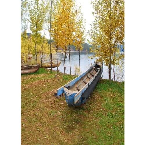 Wooden Boat Lake Yellow Trees Scenery Photography Background Custom Backdrop for Portrait Children Baby Photoshoot Fond Photo