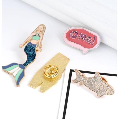 HOSENG 3Pcs/Lot Bling Mermaid Gold Shark Cartoon Brooch Classic Enamel Jewelry Pin For Women Lapel Bag Party Decorative HS_228