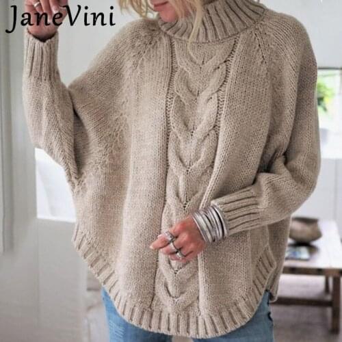 JaneVini Autumn Winter Women Knitted Turtleneck Sweater 2021 Elegant Long Sleeve Ladies Warm Pullover Jumper Batwing Loose Tops
