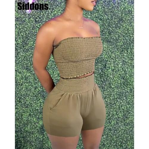 Two Pieces Sets Summer Sleeveless Bandeau Shirred Top & Pocket Design Shorts Womens Sexy Casual Outfits