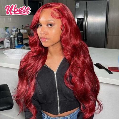Ubest Red Body Wave Human Hair Wigs Malaysian Virgin Lace Front Wig 30 InchTransparent Lace Frontal Wigs for Wome Pre Plucked