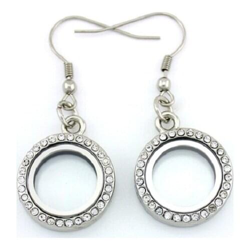 Round Alloy Floating Locket Earrings With Rhinestone Glass Living Locket Earrings 5PAIRS