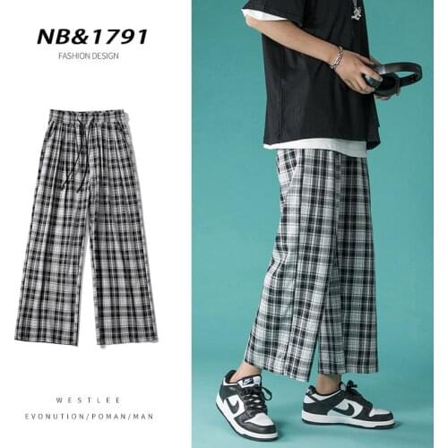 Summer Cotton Plaid Pants Mens Fashion Thin Cotton Casual Pants Men Streetwear Korean Loose Straight Wide-leg Pants Mens S-2XL